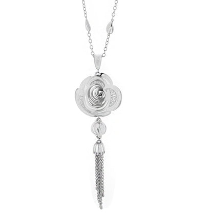 Roses Are Red pendant necklace in silver-tone with a floral rose pendant and tassel drop on Tampa Home & Garden Store