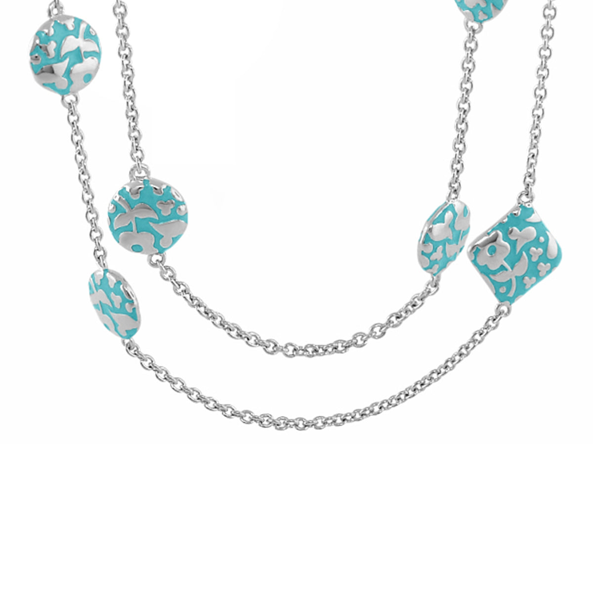 Flowers by Orly Necklace, long necklace with turquoise floral-patterned beads on silver chain on Tampa Home & Garden Store