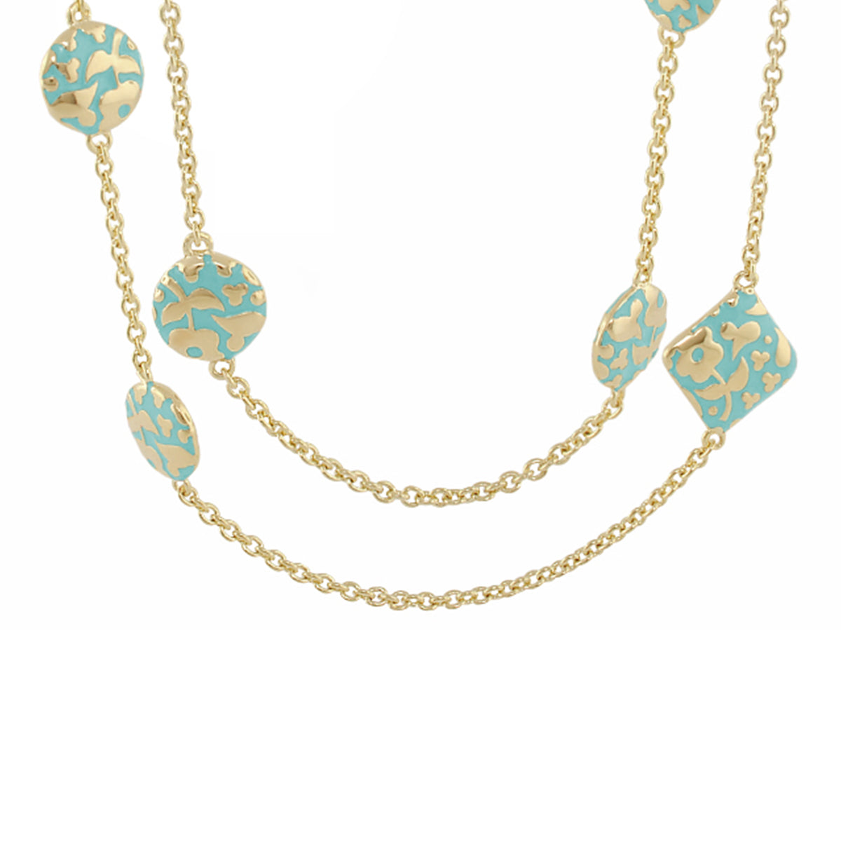 Flowers by Orly Necklace, long gold-tone chain with turquoise floral-pattern discs on Tampa Home & Garden Store