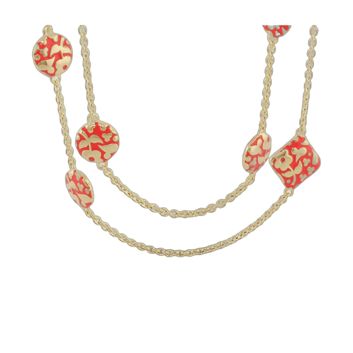 Flowers by Orly long necklace with red-and-beige patterned round charms on gold chain on Tampa Home & Garden Store