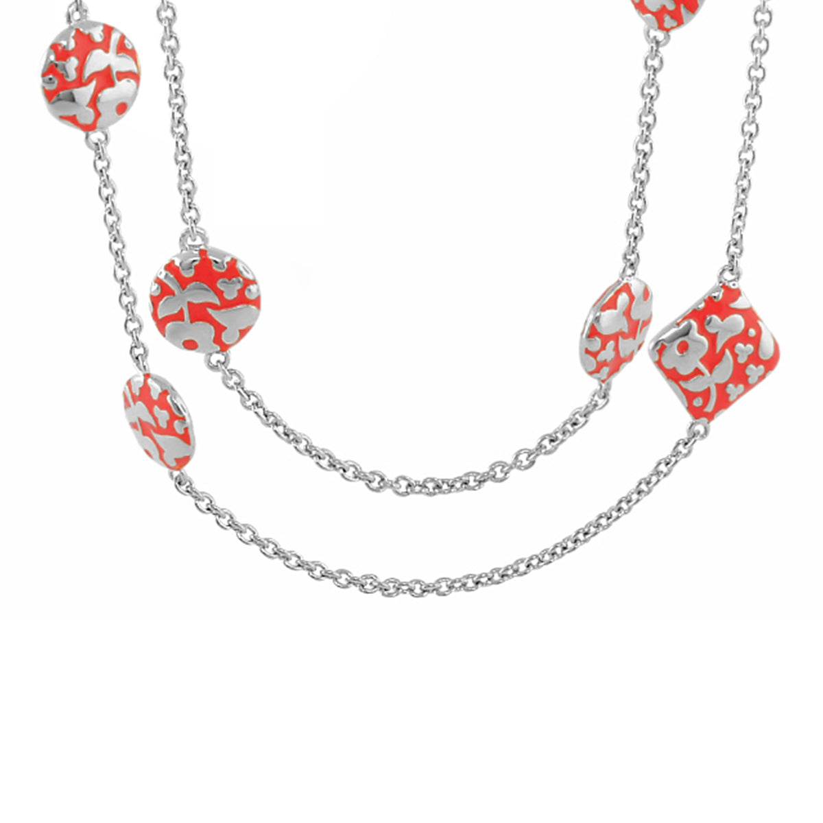 Flowers by Orly Necklace long silver chain with red floral-patterned beads on Tampa Home & Garden Store