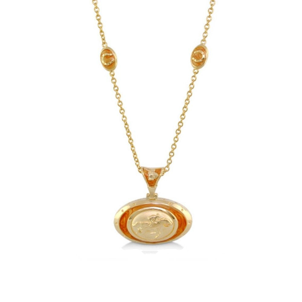 Equestrian pendant necklace by Lauren G Adams, gold-tone oval pendant with horse motif, chain on Tampa Home & Garden Store