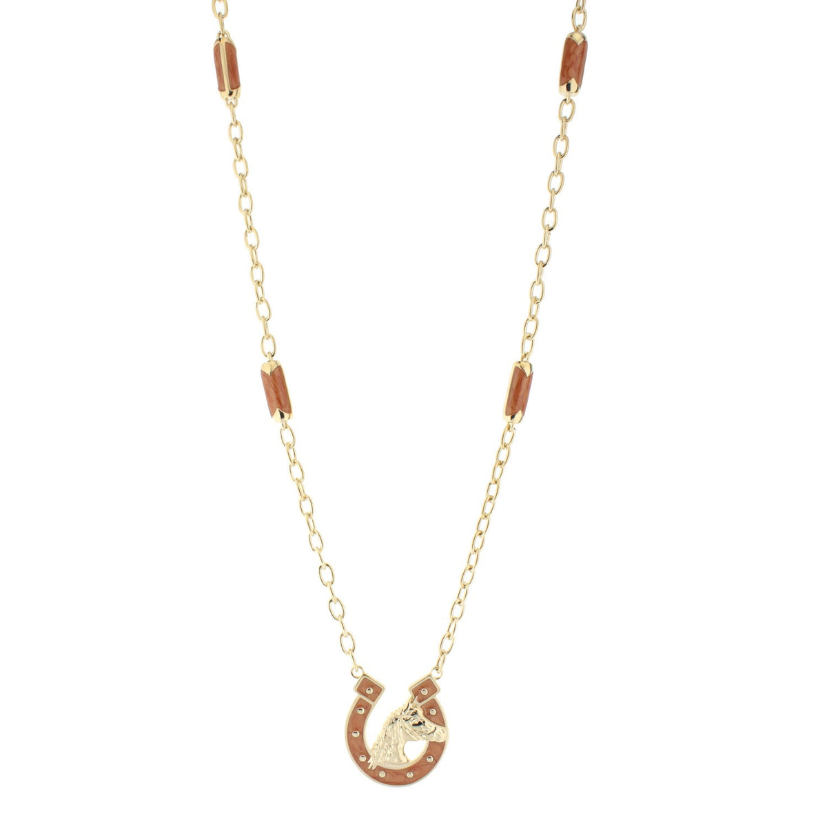 Equestrian Pendant Necklace by Lauren G Adams, gold chain with brown enamel horseshoe pendant on Tampa Home & Garden Store