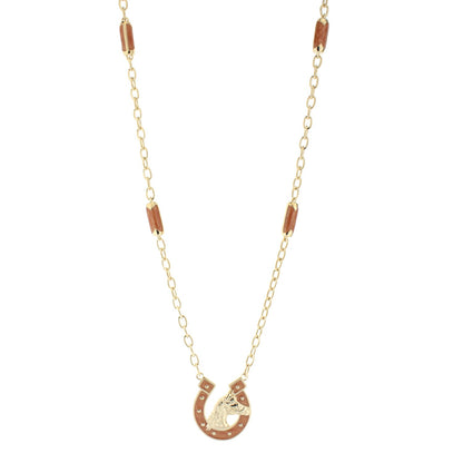Equestrian Pendant Necklace by Lauren G Adams, gold chain with brown enamel horseshoe pendant on Tampa Home & Garden Store
