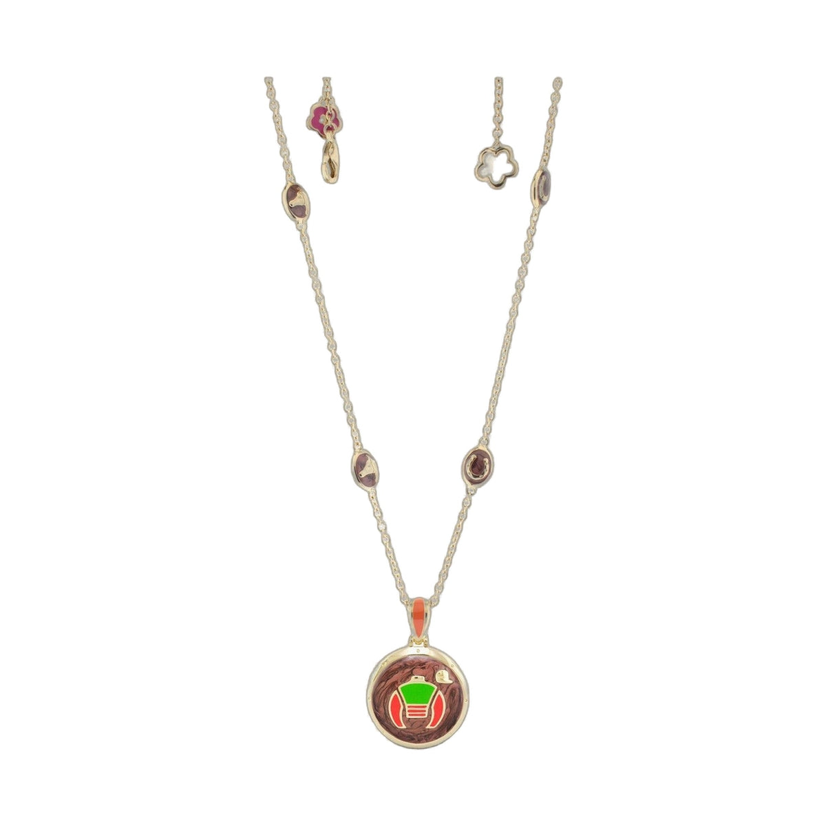 Equestrian enamel necklace with gold chain and green & red silks pendants on Tampa Home & Garden Store