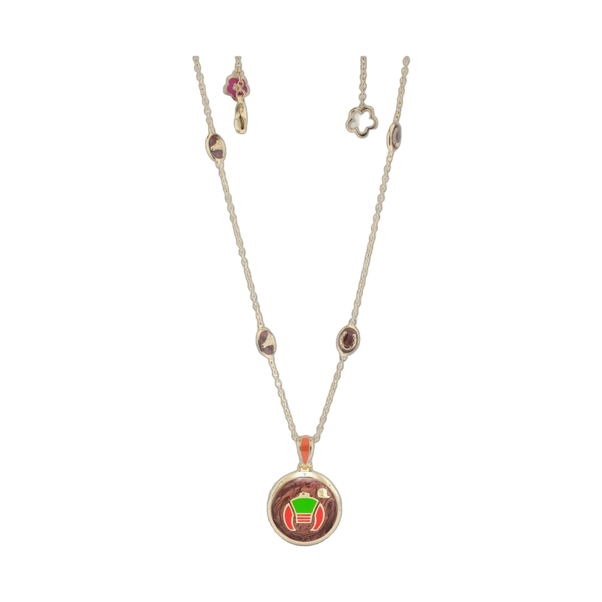 Equestrian enamel necklace with gold chain and green & red silks pendants on Tampa Home & Garden Store
