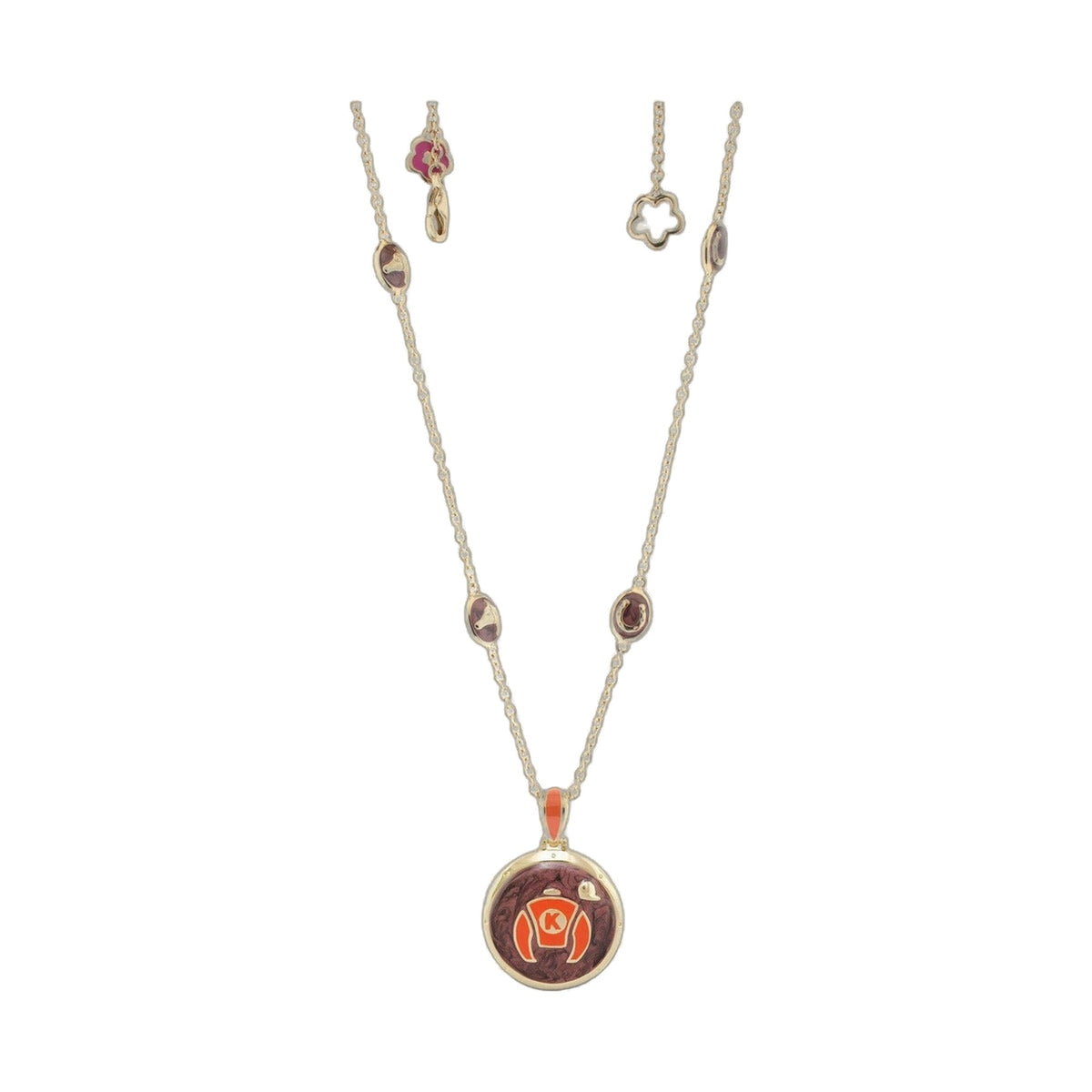 Equestrian enamel necklace by Lauren G Adams in orange silks with gold chain charms on Tampa Home & Garden Store