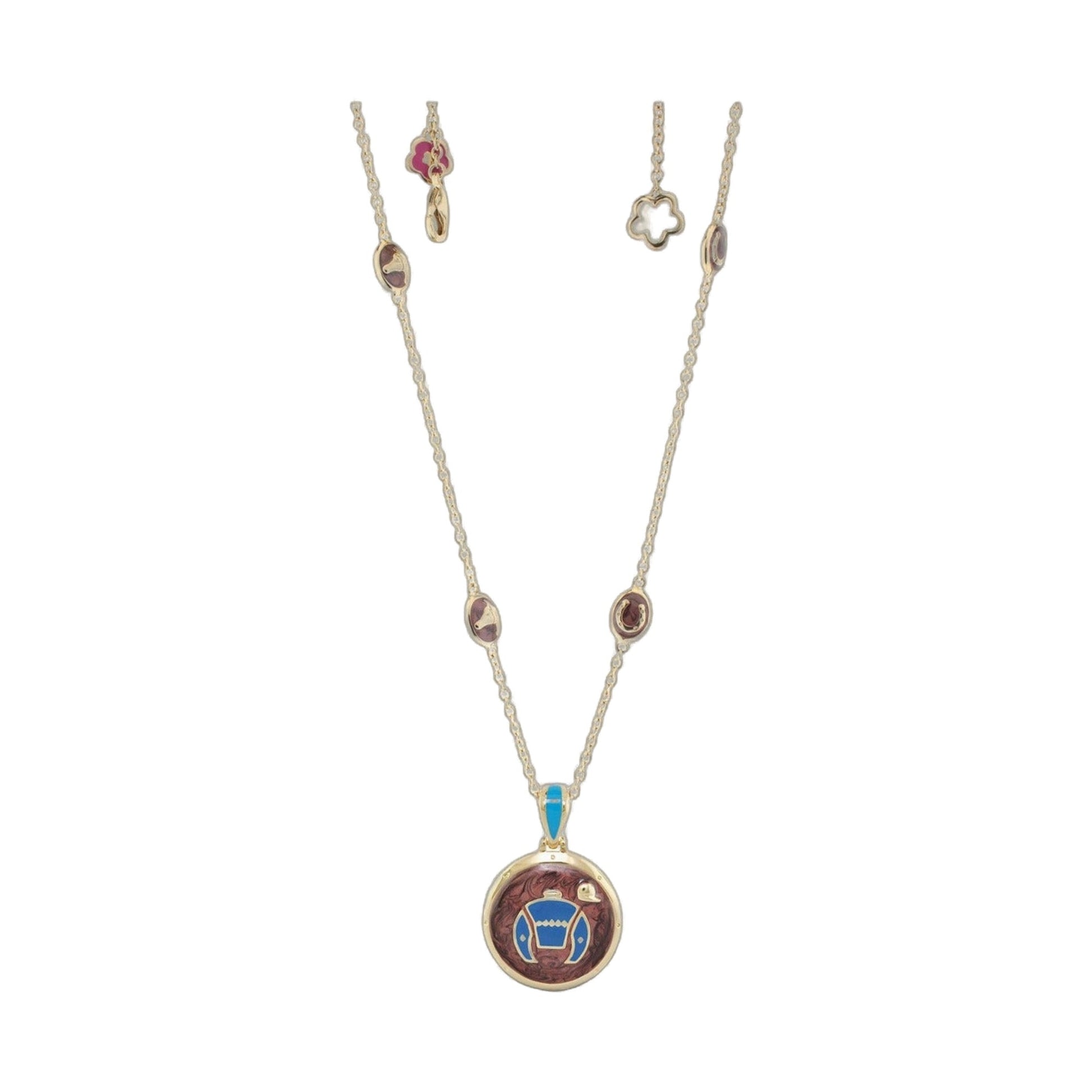 Equestrian enamel necklace by Lauren G Adams with pink and blue enamel charms on gold chain on Tampa Home & Garden Store
