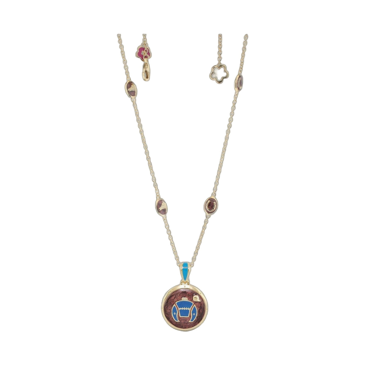 Equestrian Enamel Necklace Royal Blue Silks on a gold-tone chain with multiple enamel charms including oval and clover pendants on Tampa Home & Garden Store