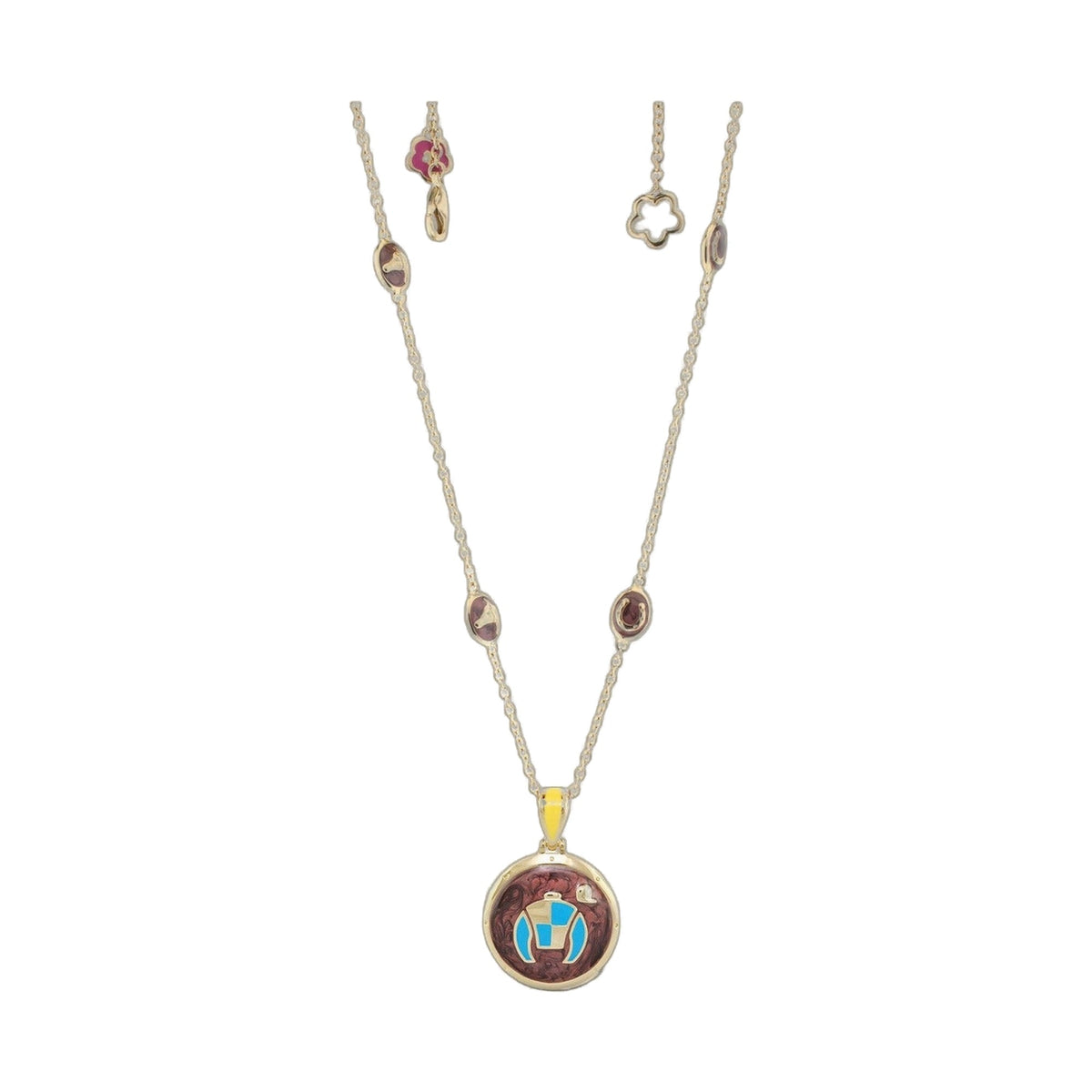 Equestrian enamel short necklace with gold chain, pink enamel charms and round pendant on Tampa Home & Garden Store