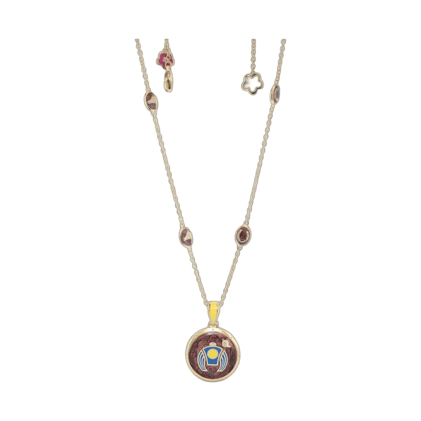 Equestrian enamel necklace by Lauren G Adams with gold disc pendants and pink accents on Tampa Home & Garden Store