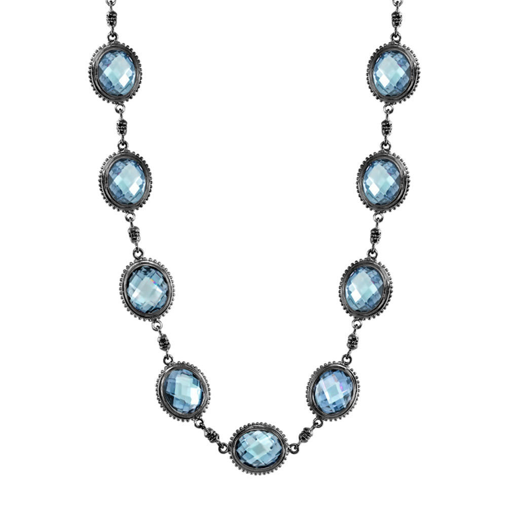 Fresh Fantasy Necklace by Lauren G Adams with blue oval crystal charms on gunmetal chain on Tampa Home & Garden Store