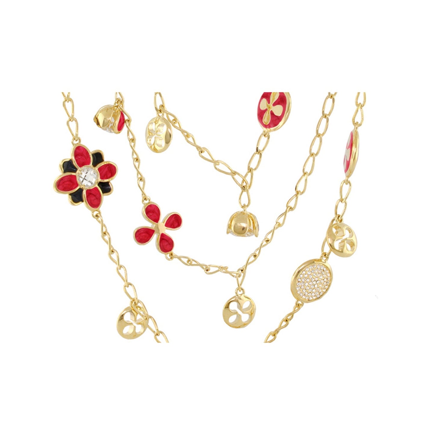 Beautiful Blossom Multi Chain Necklace Lauren G Adams, gold-tone chains with red enamel flower charms and crystal centerpiece on Tampa Home & Garden Store