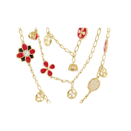 Beautiful Blossom Multi Chain Necklace Lauren G Adams, gold-tone chains with red enamel flower charms and crystal centerpiece on Tampa Home & Garden Store