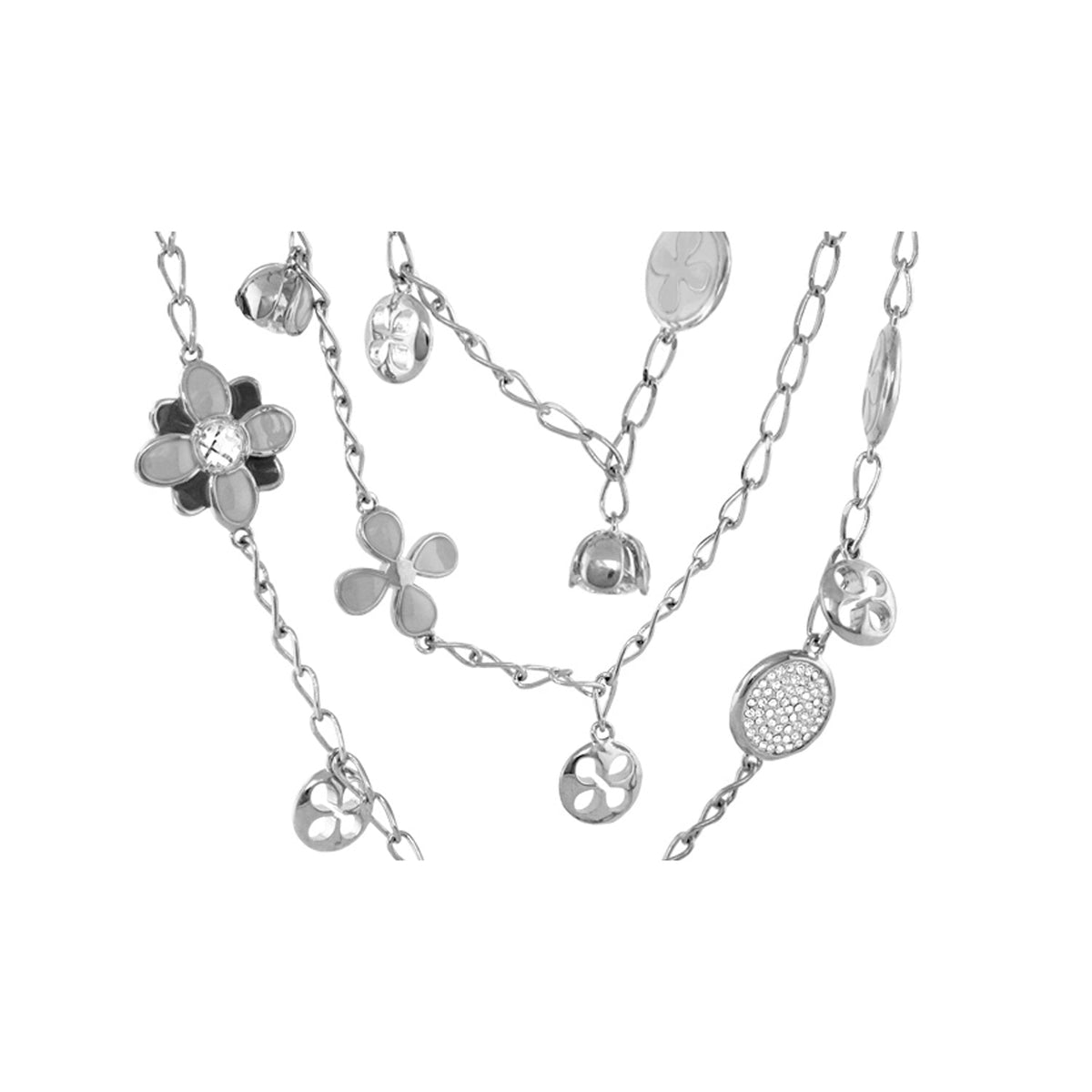 Beautiful Blossom silver-tone necklace with flower and clover charms and crystal disk pendant on Tampa Home & Garden Store