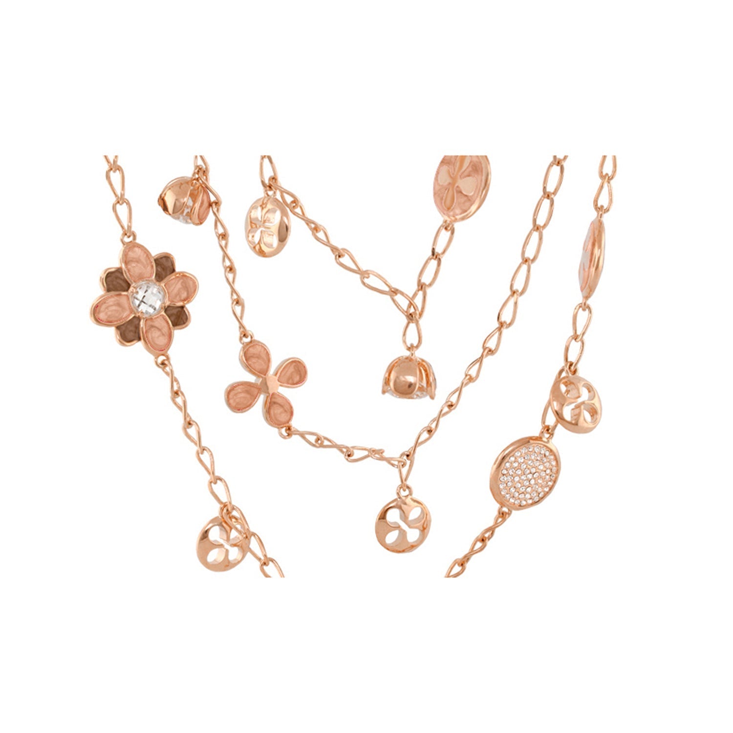 Beautiful Blossom multi-chain necklace rose gold with floral charms and crystal centerpiece on Tampa Home & Garden Store