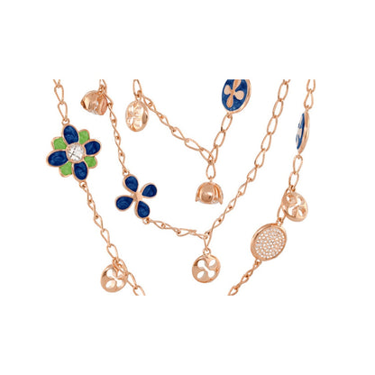 Beautiful Blossom Multi Chain Necklace rose gold with blue enamel flowers and clover charms on Tampa Home & Garden Store
