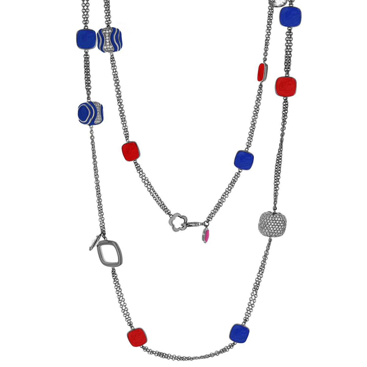 Curvy Swirls Necklace by Lauren G Adams, silver chain with blue and red enamel beads on Tampa Home & Garden Store