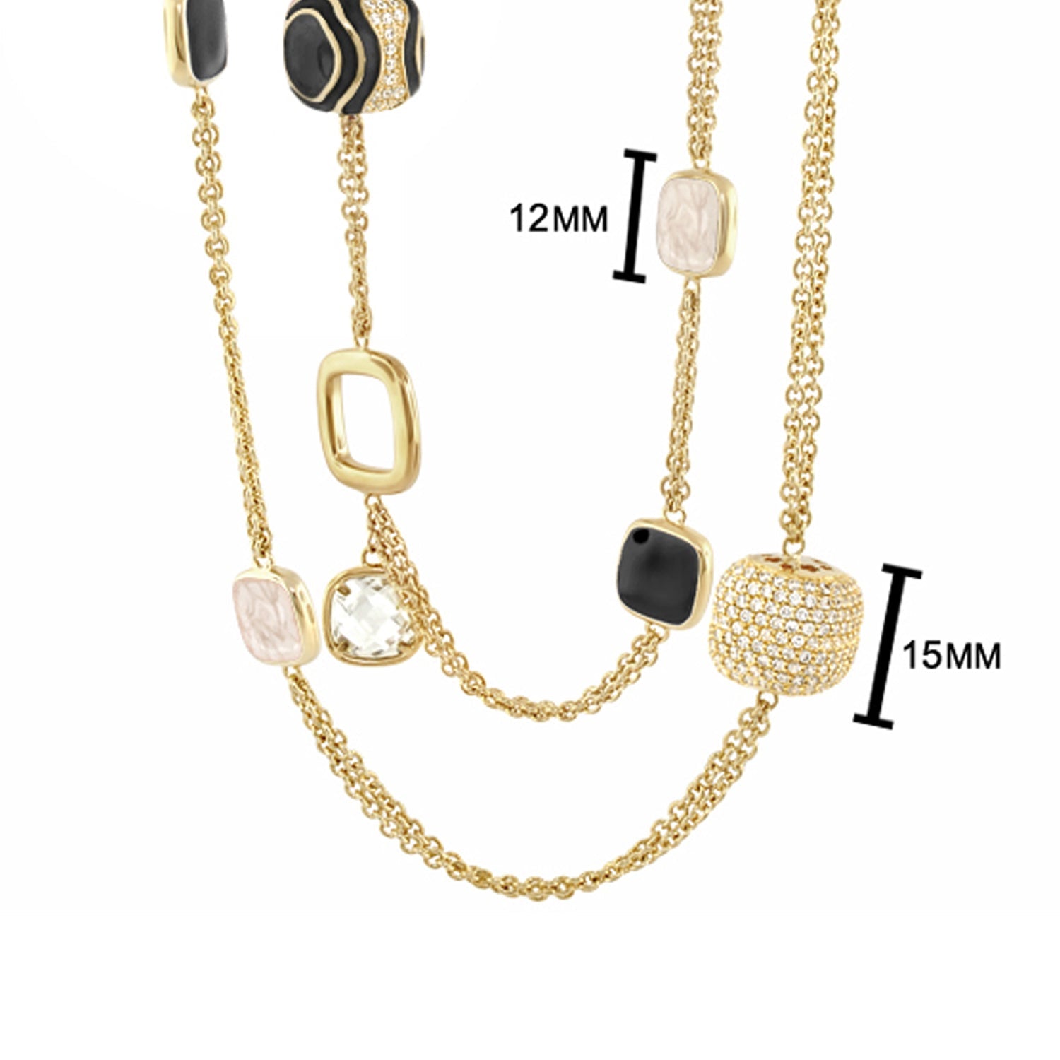 Curvy Swirls Necklace by Lauren G Adams, gold-tone chain with black enamel bead and pavé crystal charms, 12mm and 15mm beads on Tampa Home & Garden Store