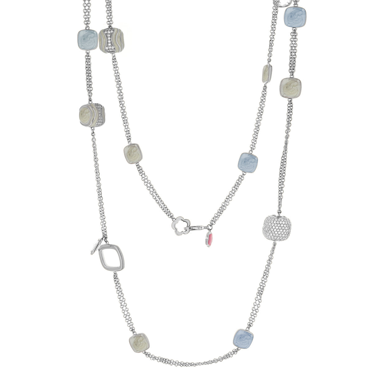 Curvy Swirls Necklace by Lauren G Adams, silver chain with pastel blue cream square beads on Tampa Home & Garden Store