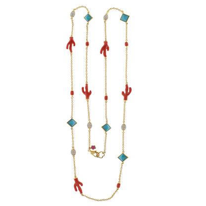 Pretty Little Things Necklace gold-tone chain with turquoise square bead and red coral hand charms on Tampa Home & Garden Store