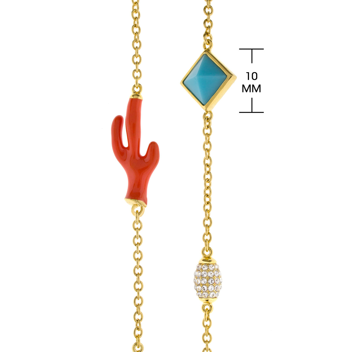 Pretty Little Things Necklace: gold chain with blue diamond pendant and red coral charm on Tampa Home & Garden Store