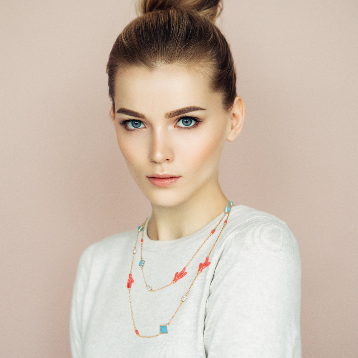 Pretty Little Things Necklace turquoise-square pendant on gold chains with coral beads on Tampa Home & Garden Store