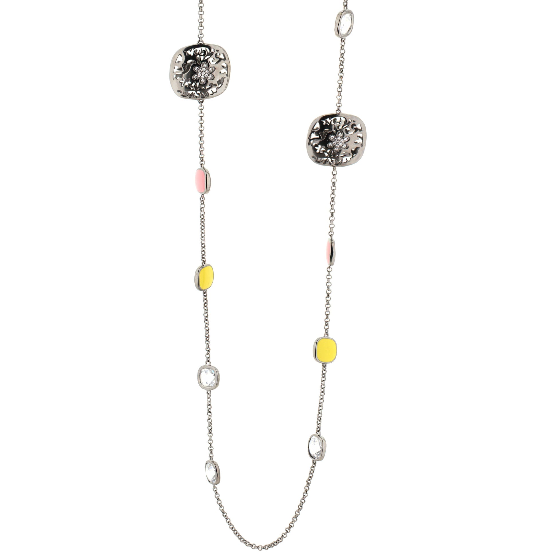 Allure Necklace; double silver-tone necklace with floral filigree charms and enamel cabochons on Tampa Home & Garden Store