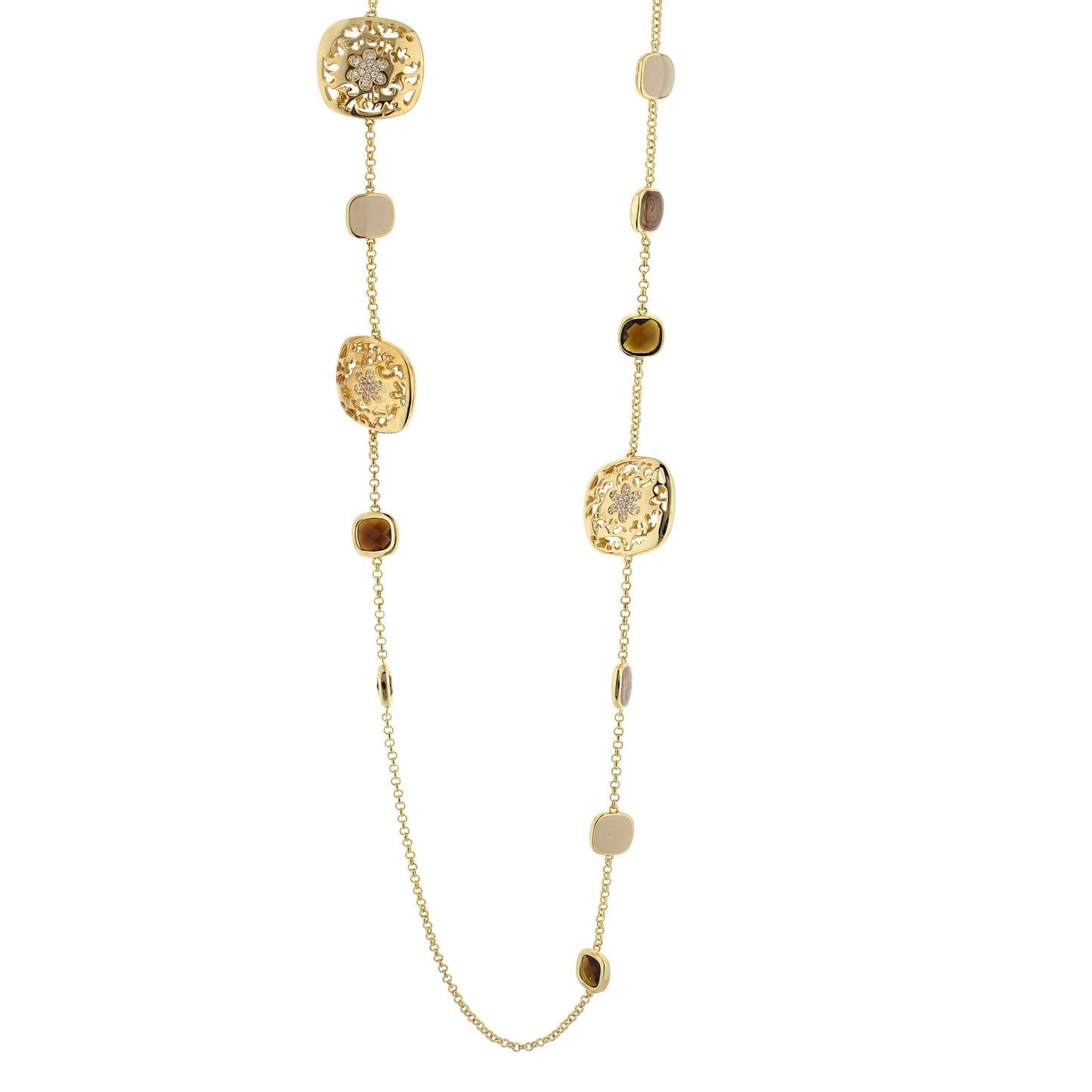 Allure Necklace by Lauren G Adams, gold-tone chain with filigree floral pendants and beige gems on Tampa Home & Garden Store