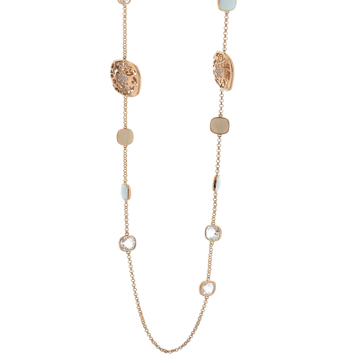 Allure Necklace by Lauren G Adams, rose-gold chain with filigree oval charms and blue enamel on Tampa Home & Garden Store