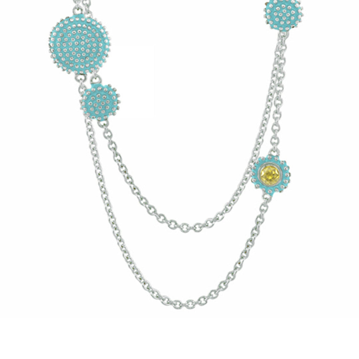 Rock N' Roll Necklace long turquoise disc design by Lauren G Adams with silver chain and yellow stone on Tampa Home & Garden Store
