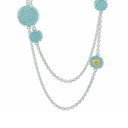Rock N' Roll Necklace long turquoise disc design by Lauren G Adams with silver chain and yellow stone on Tampa Home & Garden Store