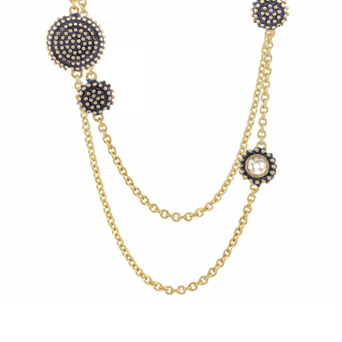 Rock N' Roll Necklace navy blue studded discs on a gold-tone long chain by Lauren G Adams on Tampa Home & Garden Store