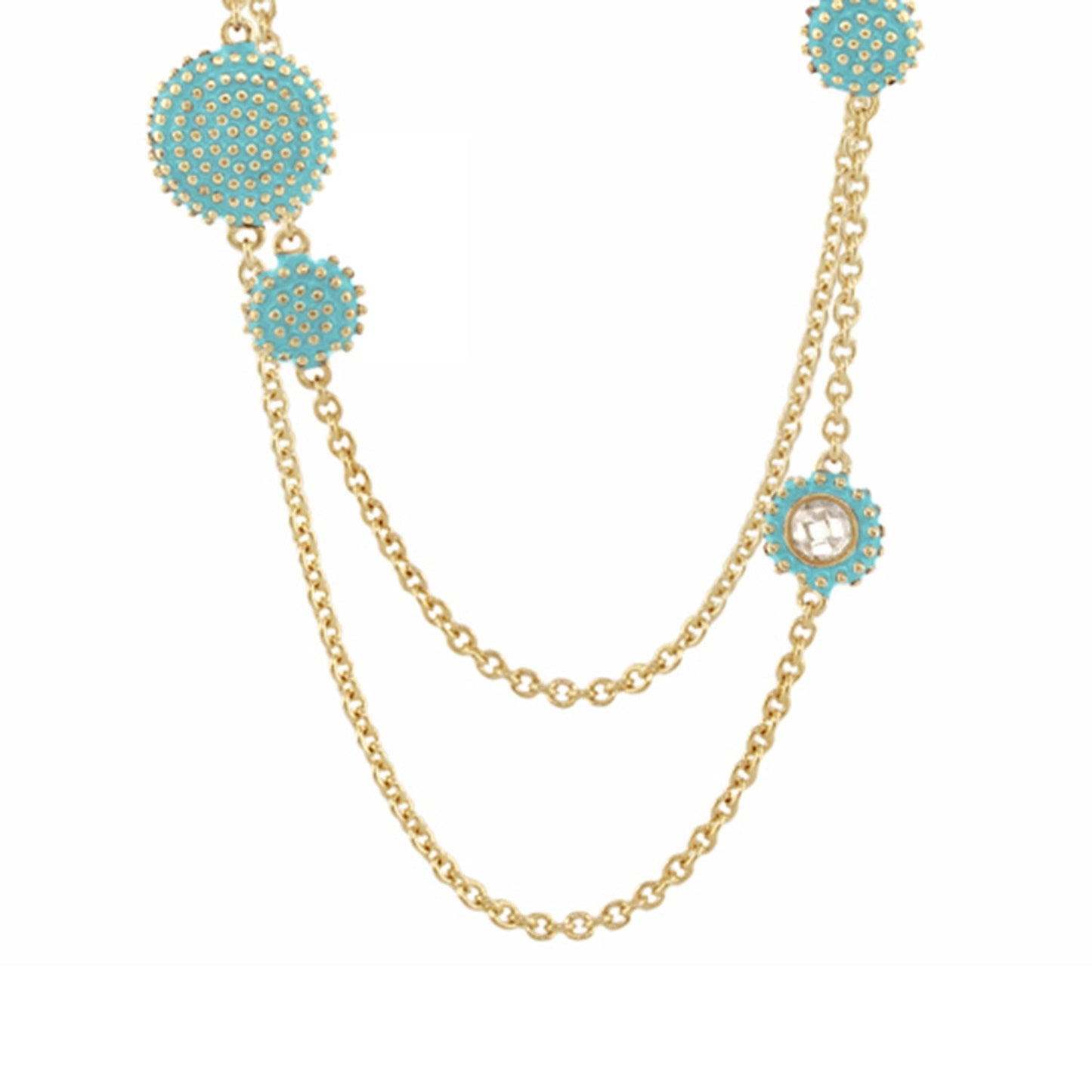 Rock N' Roll Necklace turquoise circular charms with gold studs on a long gold chain by Lauren G Adams on Tampa Home & Garden Store