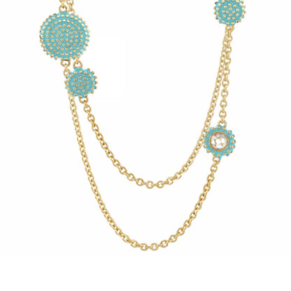 Rock N' Roll Necklace turquoise circular charms with gold studs on a long gold chain by Lauren G Adams on Tampa Home & Garden Store