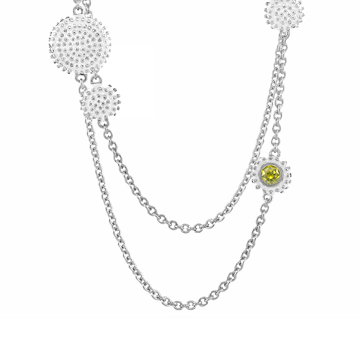 Rock N' Roll Necklace long silver-tone chain with two crystal-disc charms and a yellow gemstone accent on Tampa Home & Garden Store