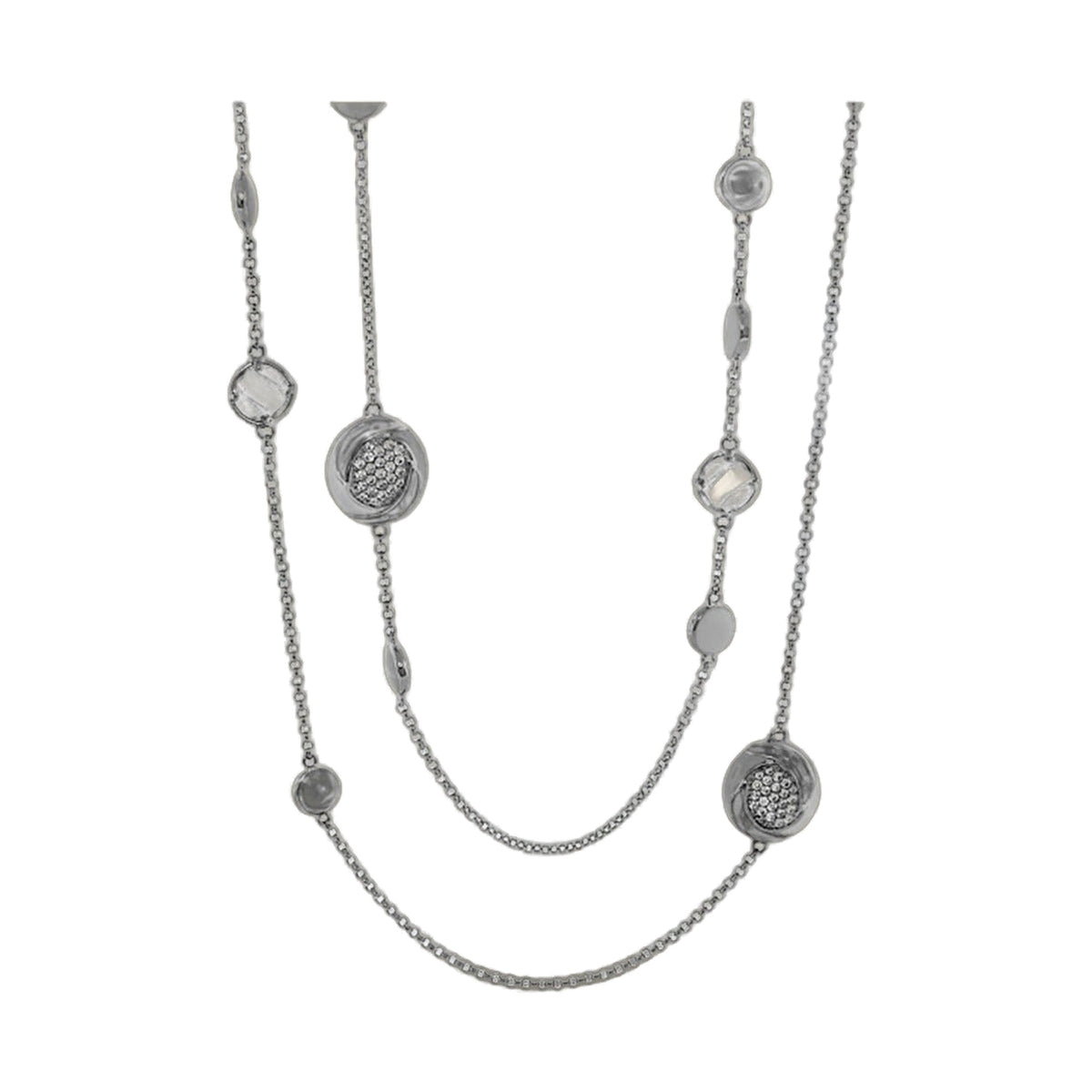 Sweet and Sassy Necklace: multi-layered silver-tone chains with crystal pavé round charms on Tampa Home & Garden Store