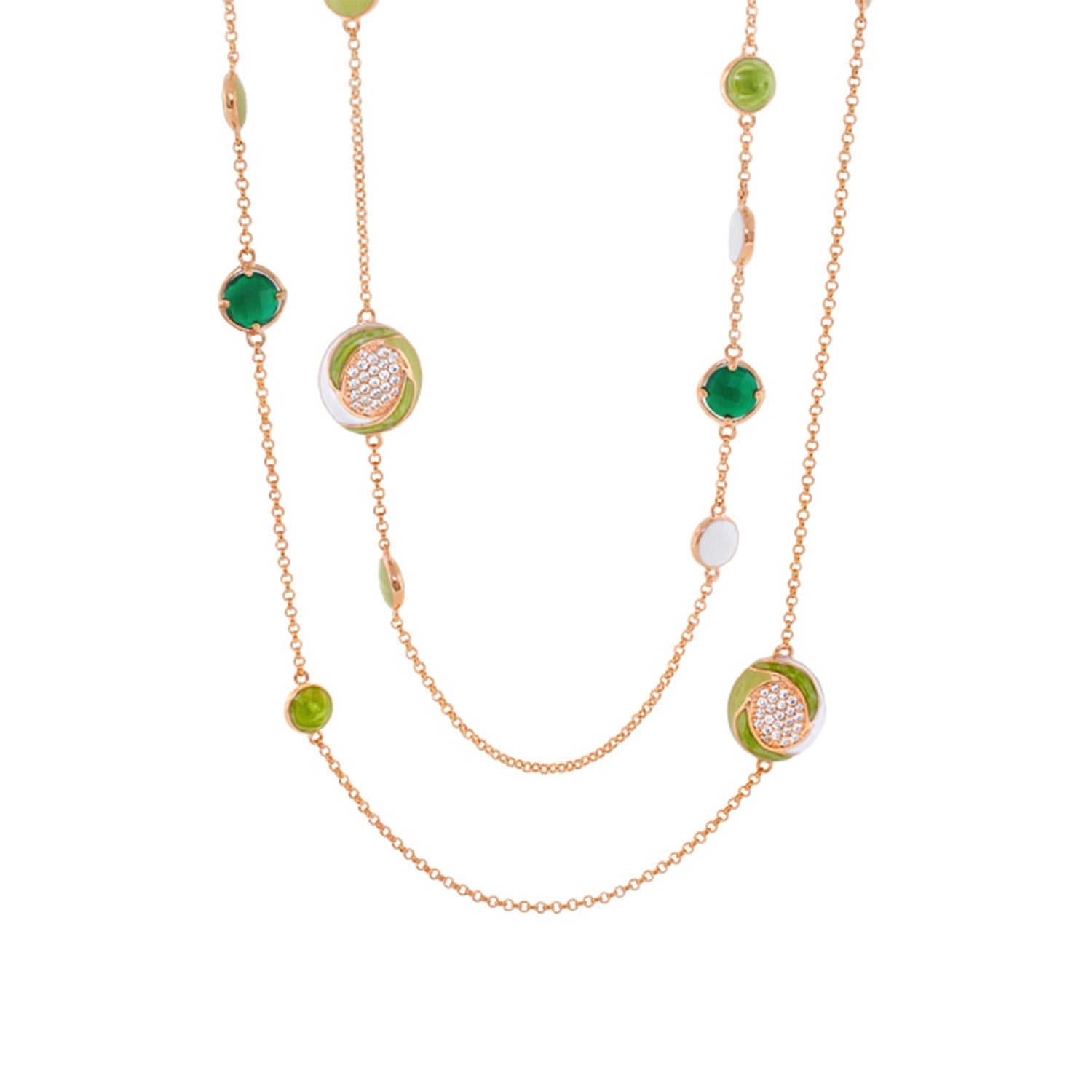Sweet and Sassy Necklace by Lauren G Adams gold-tone chain with green stones and pavé disks on Tampa Home & Garden Store