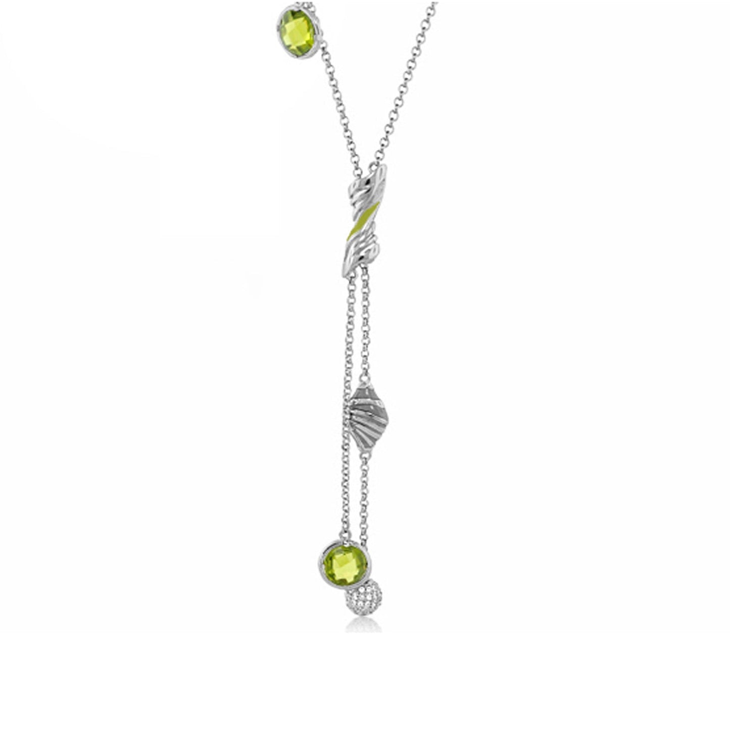 Angel Wings Y Necklace by Lauren G Adams, silver chain with lime-green stones and wing accents on Tampa Home & Garden Store