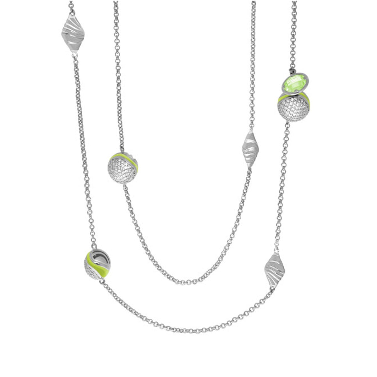 Angel Wings Long Necklace by Lauren G Adams with lime-green accents and textured silver charms on silver chain on Tampa Home & Garden Store