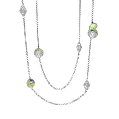 Angel Wings Long Necklace by Lauren G Adams with lime-green accents and textured silver charms on silver chain on Tampa Home & Garden Store