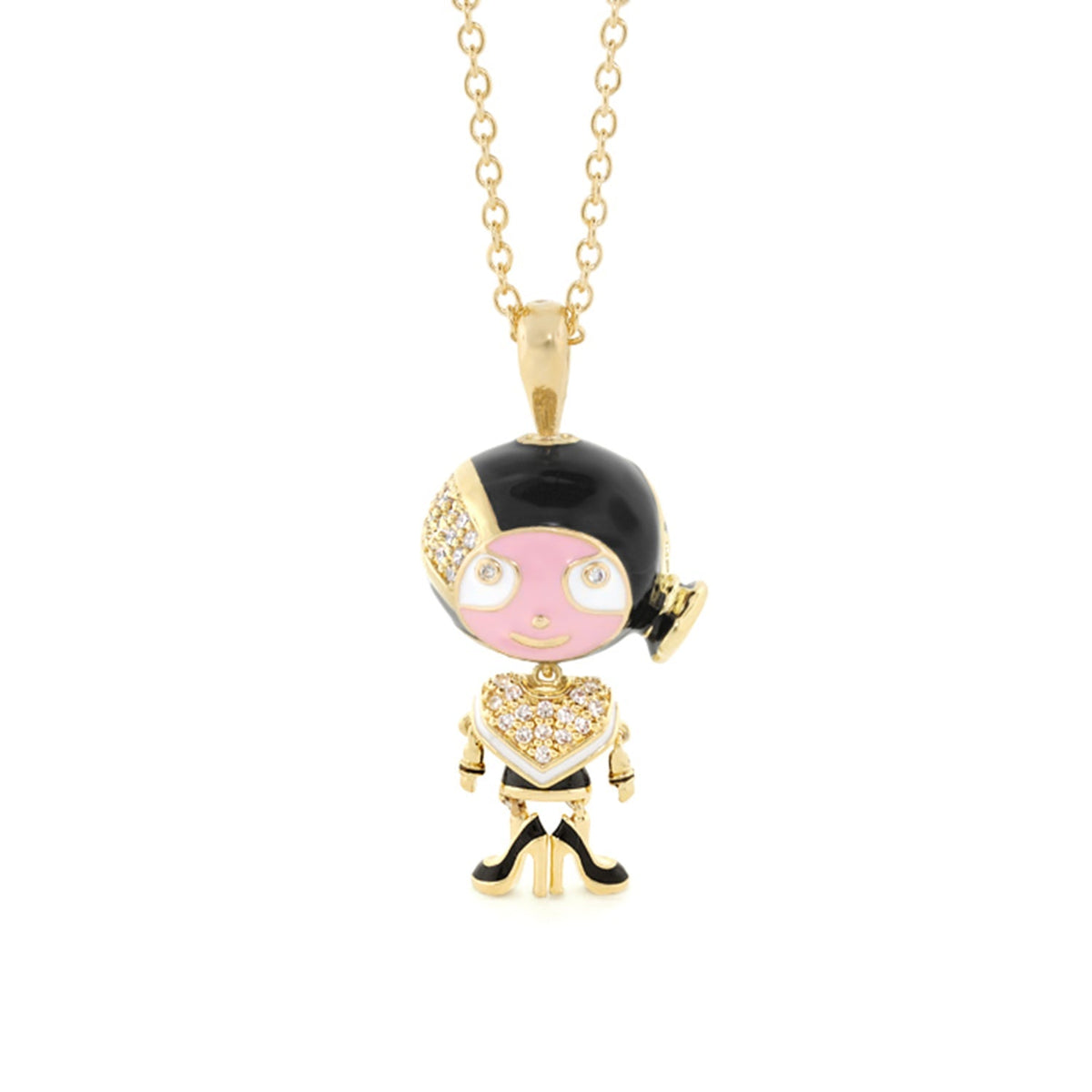 LGA Bubble Kids Girl Necklace pendant on gold-tone chain with pink face and black hair on Tampa Home & Garden Store
