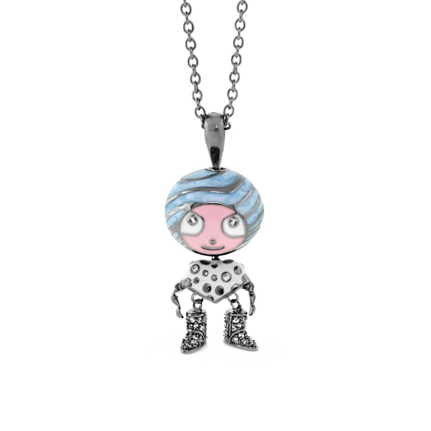 Lga Bubble Kids Pave Boots Necklace pendant with blue swirled head and pink face on a chain on Tampa Home & Garden Store