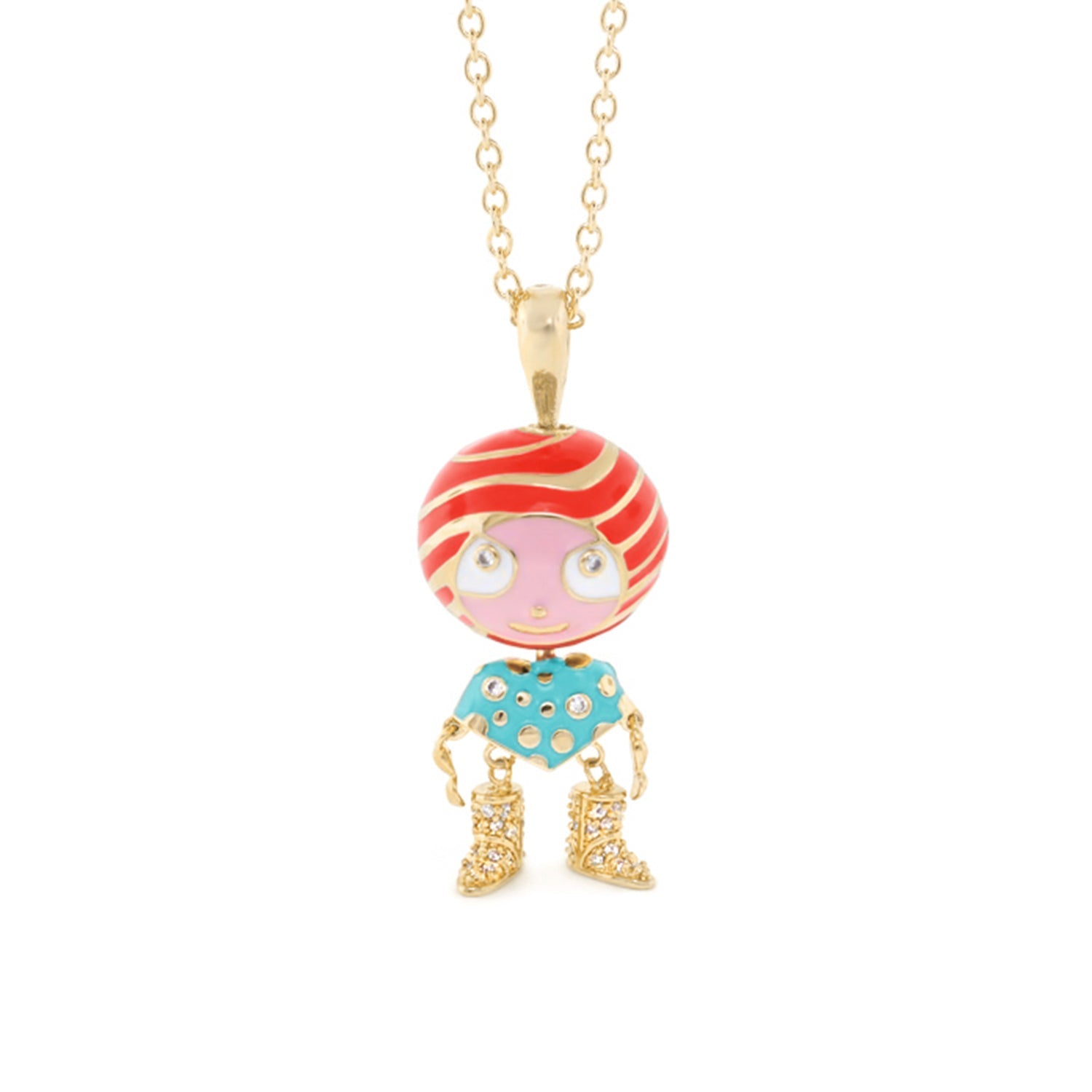Lga Bubble Kids Necklace cartoon girl with red hair pink face turquoise dress gold boots on Tampa Home & Garden Store