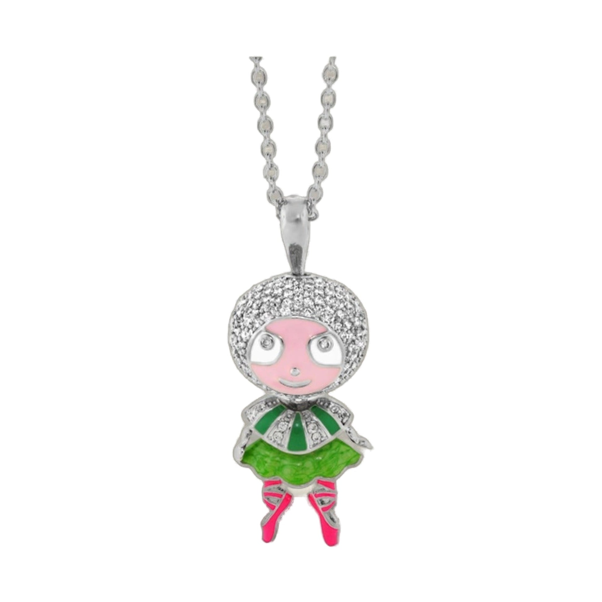 Lga Bubble Kids Ballerina Necklace with crystal pendant pink face green tutu on silver chain on Tampa Home & Garden Store