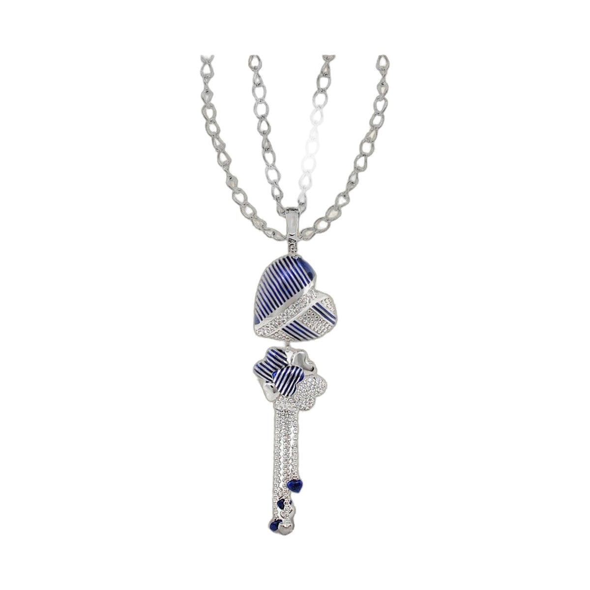 Sweetheart Necklace long silver chain with blue striped heart pendant and crystal accents on Tampa Home & Garden Store