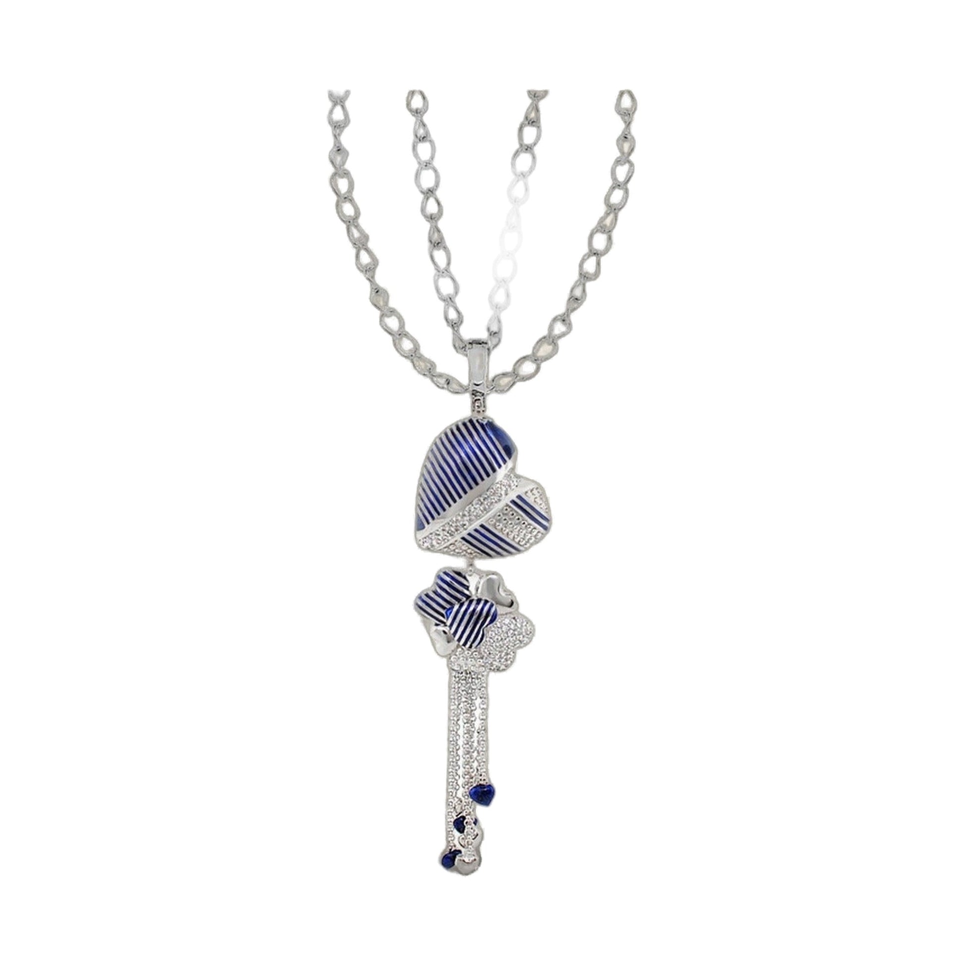 Sweetheart Necklace long silver chain with blue striped heart pendant and crystal accents on Tampa Home & Garden Store