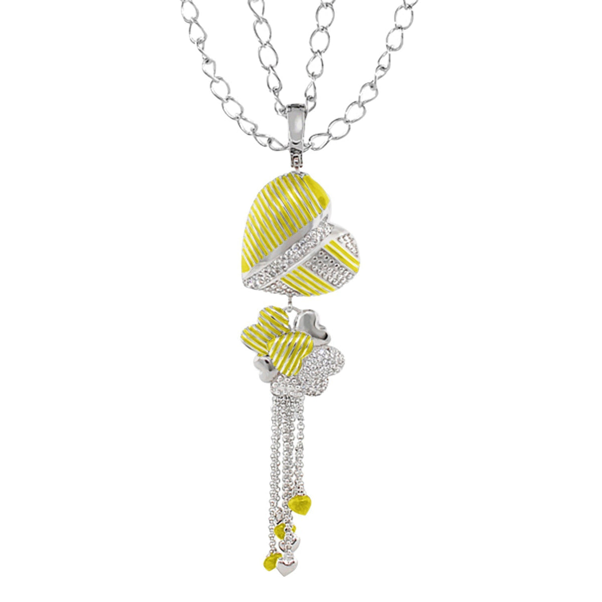 Sweetheart Necklace long pendant with yellow striped heart and crystal bands, silver tassel on Tampa Home & Garden Store