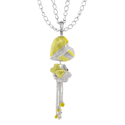 Sweetheart Necklace long pendant with yellow striped heart and crystal bands, silver tassel on Tampa Home & Garden Store