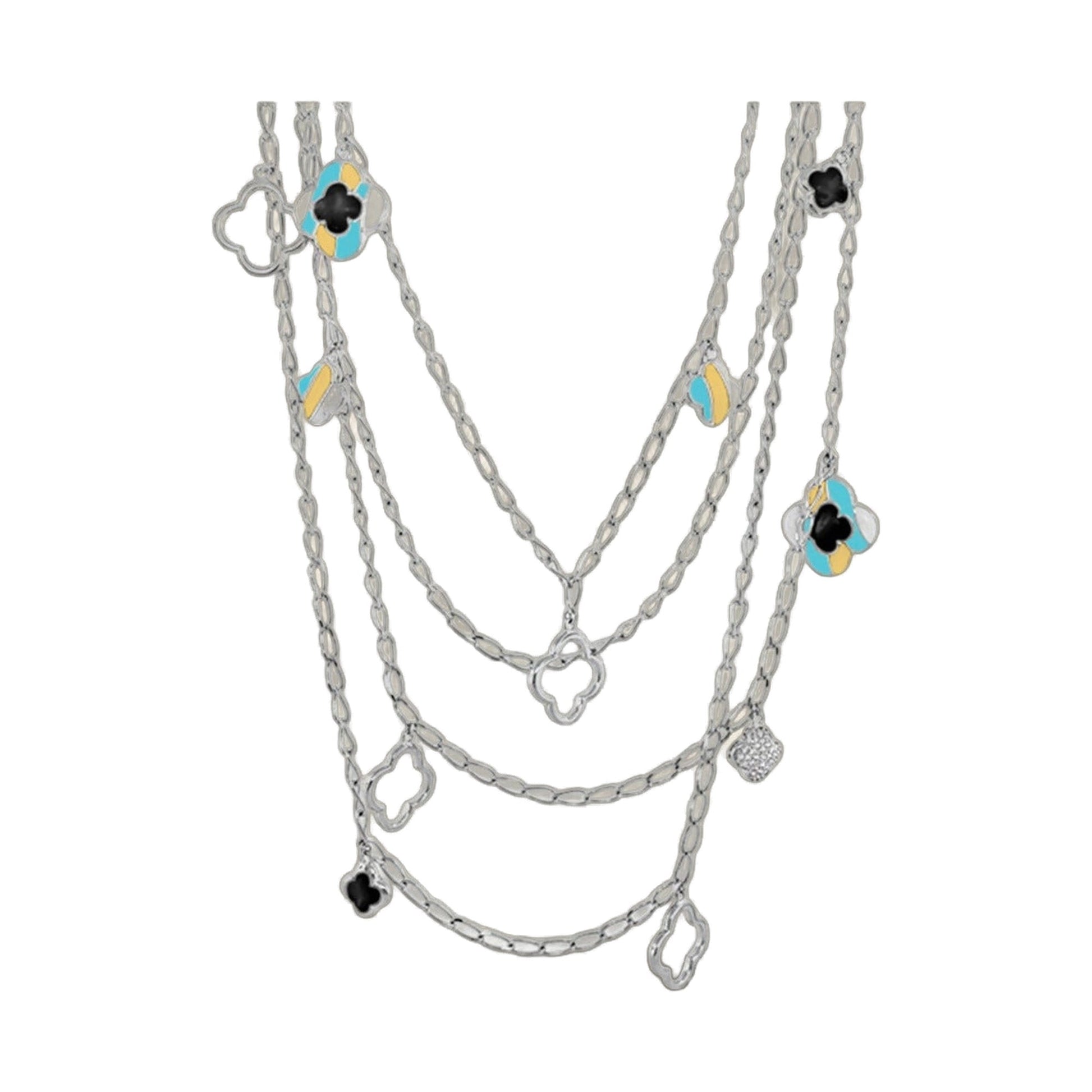 Layered station necklace by Lauren G Adams featuring silver chains and enamel clover charms in blue yellow black on Tampa Home & Garden Store